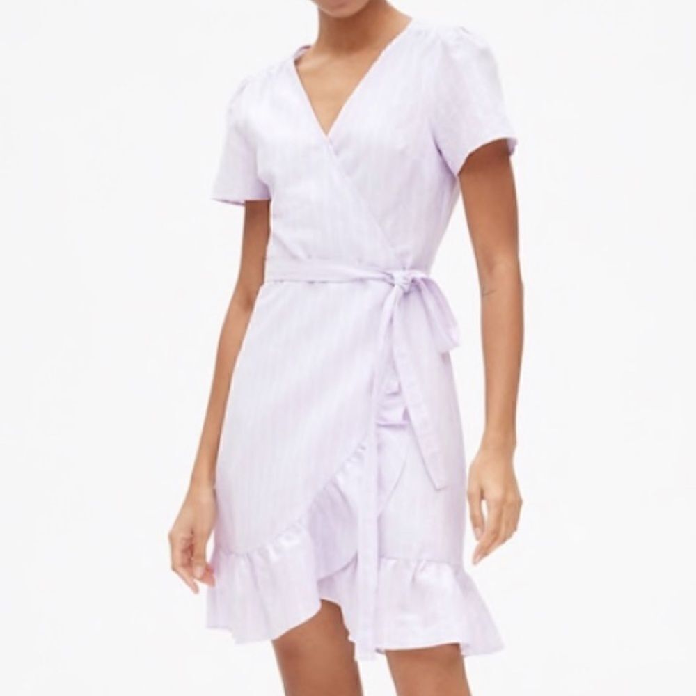 Gap Linen Cotton Stripe Ruffle Wrap Dress Purple White Small TALL